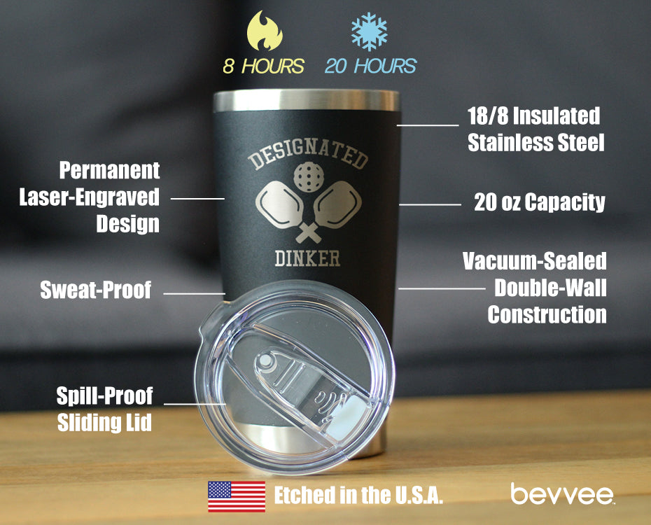 Designated Dinker - Insulated Coffee Tumbler Cup with Sliding Lid - Stainless Steel Insulated Mug - Funny Pickleball Themed Gifts and Decor
