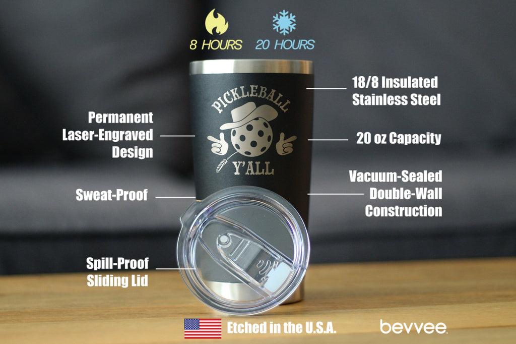 Funny Pickleball Gifts Insulated Coffee Tumbler with Sliding Lid Pickleball Y'all 20oz Stainless Steel Tumbler