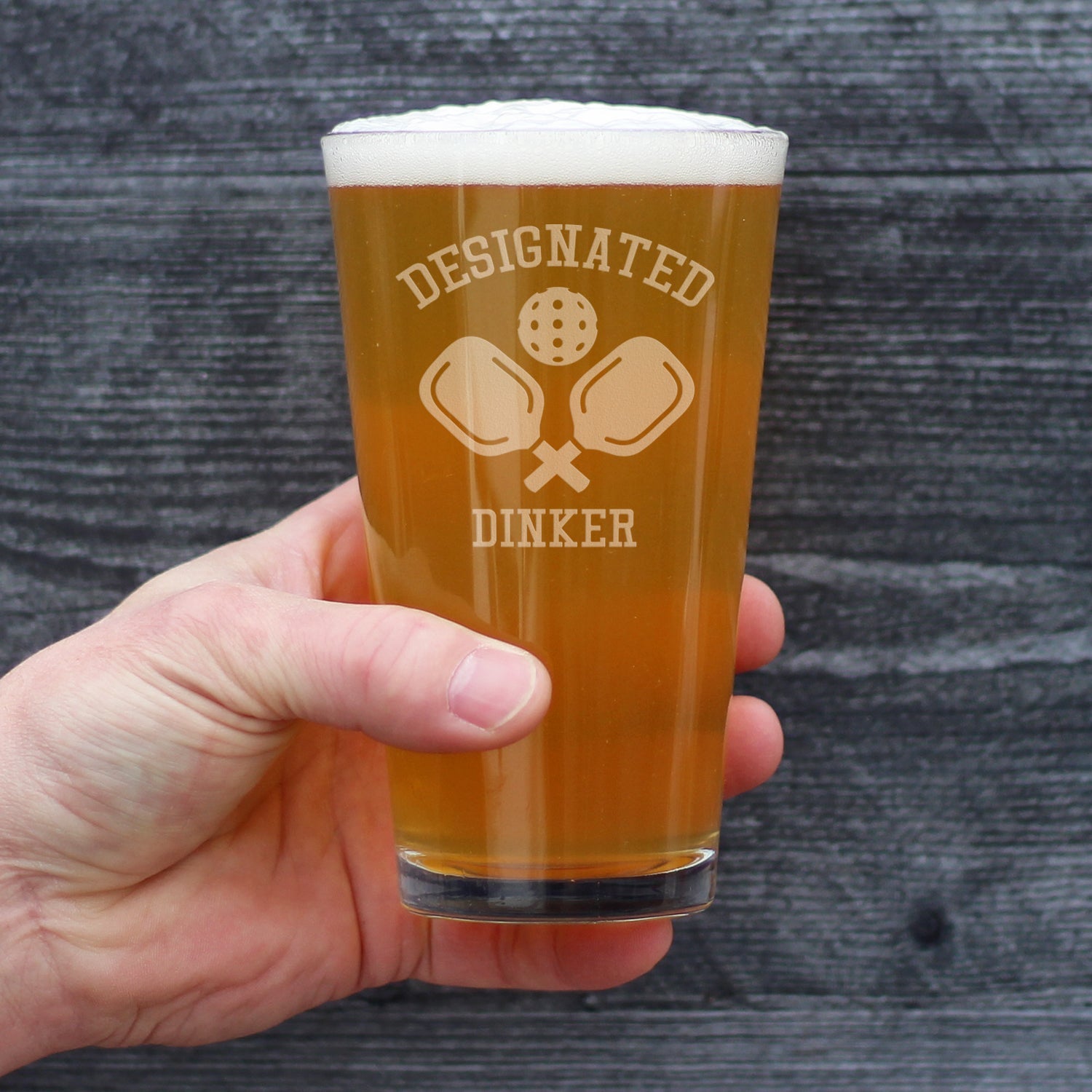 Designated Dinker - Funny Pickleball Themed Decor and Gifts - 16 Ounce Pint Glass